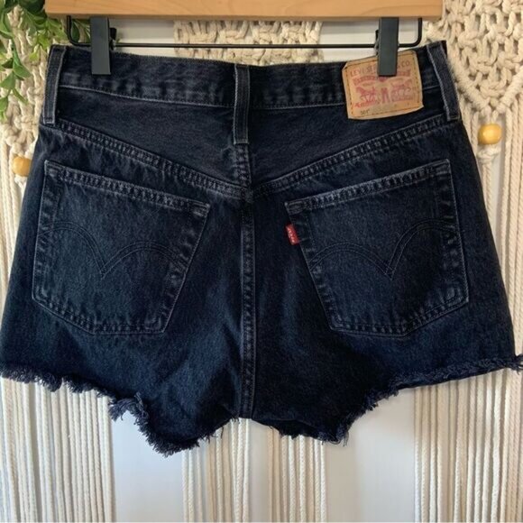 LEVI’S 501 High Waisted Button Fly Distressed Raw Hem Denim Shorts Black 28 - Picture 2 of 16